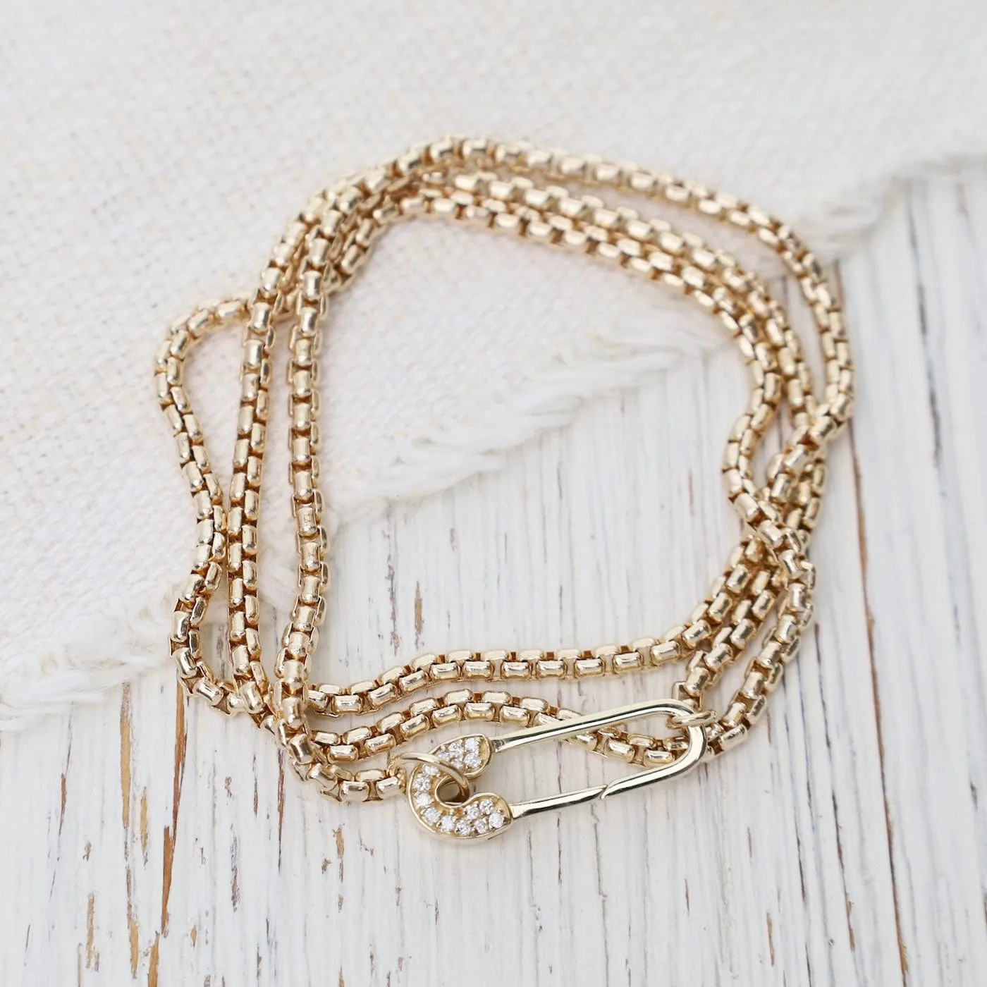 14k Medium Box Chain Wrap Bracelet & Necklace with Pave Safety Pin