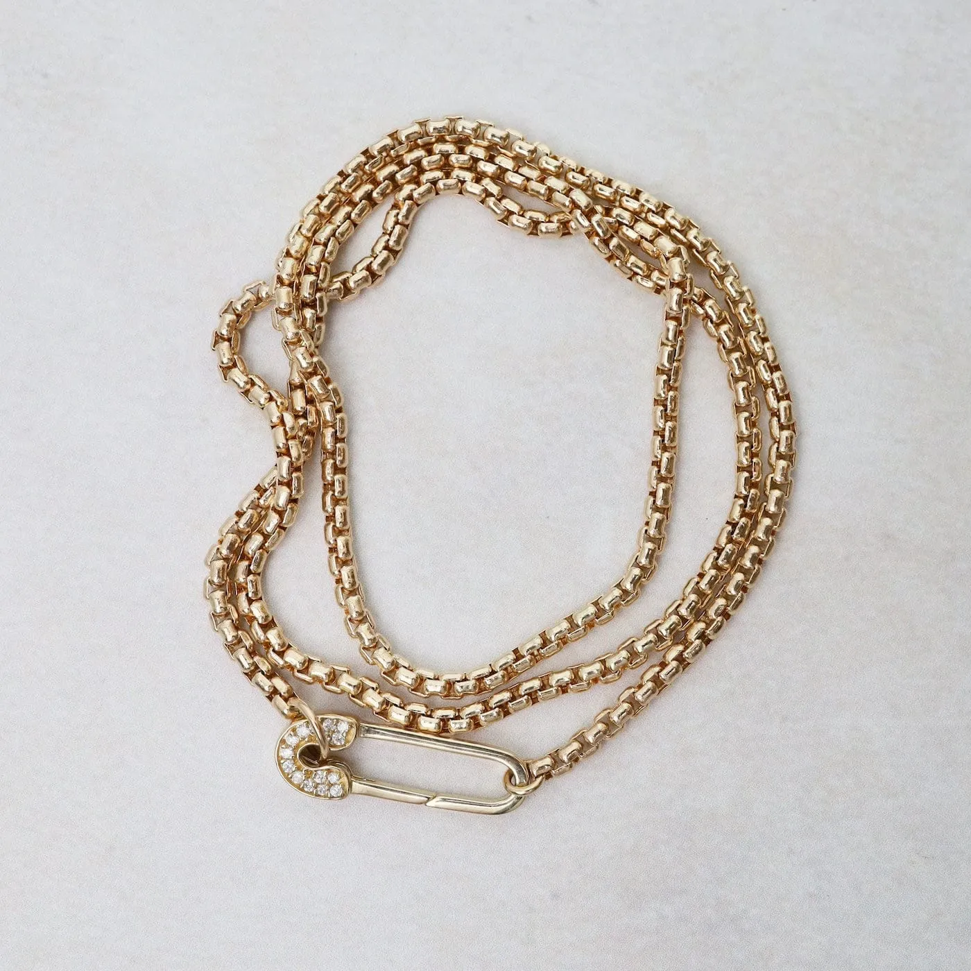 14k Medium Box Chain Wrap Bracelet & Necklace with Pave Safety Pin