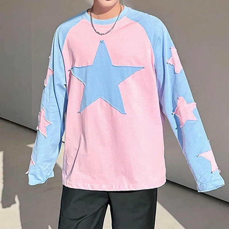 Contrast Color Round Neck Drop Sleeve Star Shirt