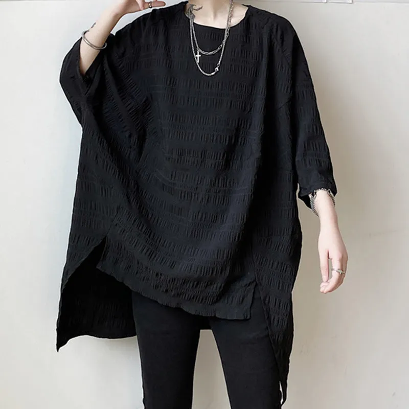 Crinkled Asymmetric Hem Loose T-Shirt