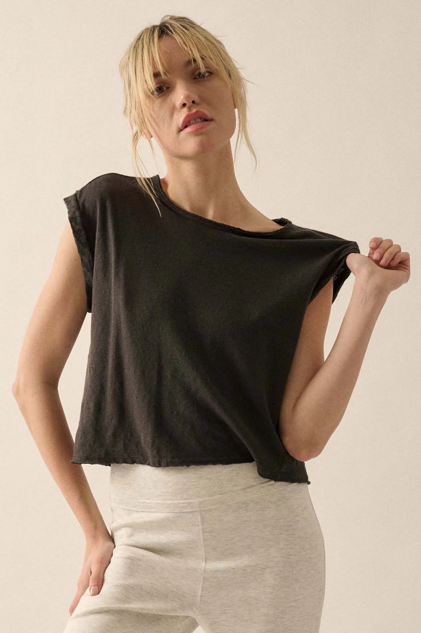 Easy Fit Cropped Raw-Edge Cap-Sleeve Muscle Tee