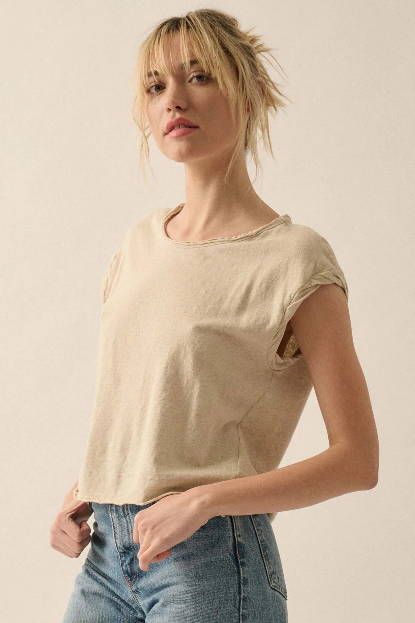 Easy Fit Cropped Raw-Edge Cap-Sleeve Muscle Tee