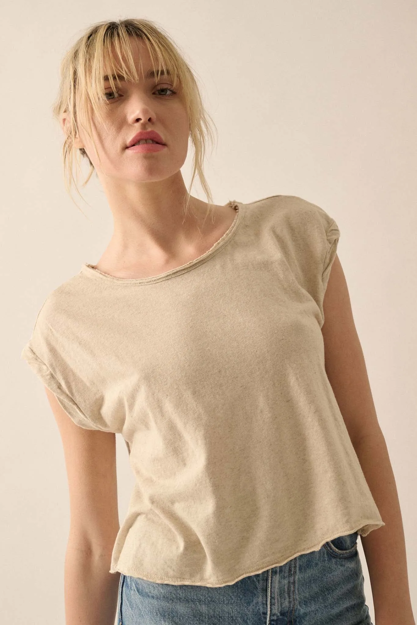 Easy Fit Cropped Raw-Edge Cap-Sleeve Muscle Tee