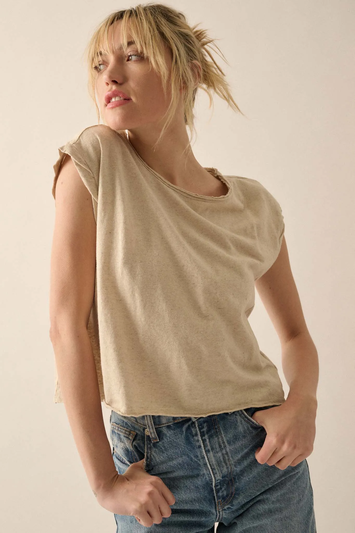 Easy Fit Cropped Raw-Edge Cap-Sleeve Muscle Tee