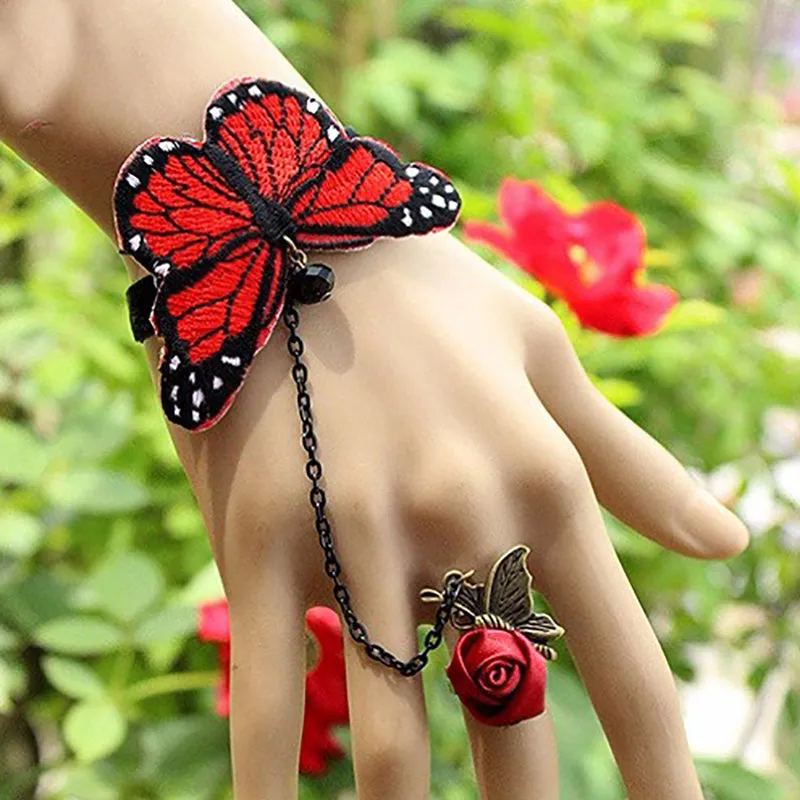 Gothic Bead Butterfly Rose Bracelet Harness