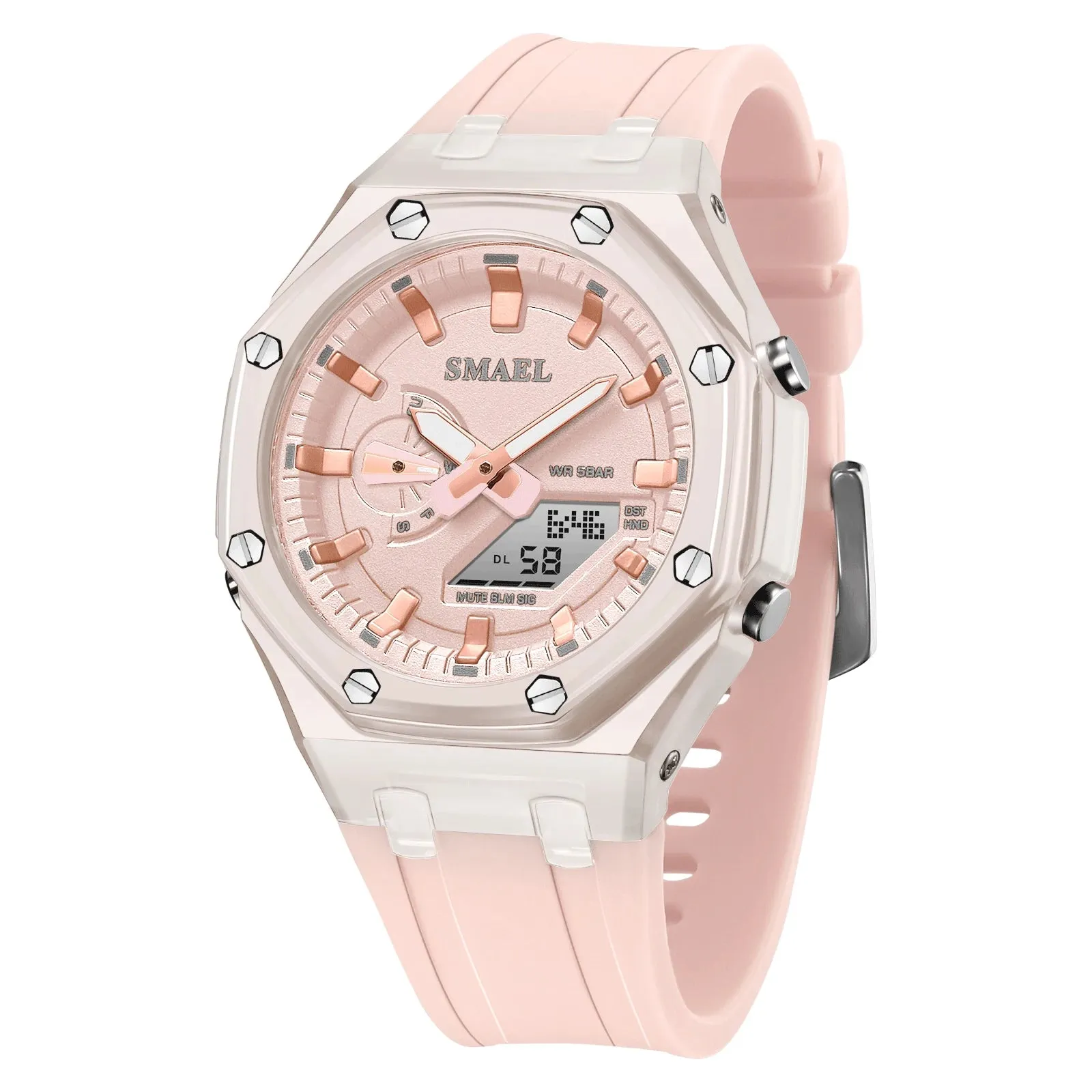 New Women Watch Pink 50M Waterproof Wristwatches Lady Watches Dual Time 8088 Digital Watches LED Light Clock for Girls Gifts