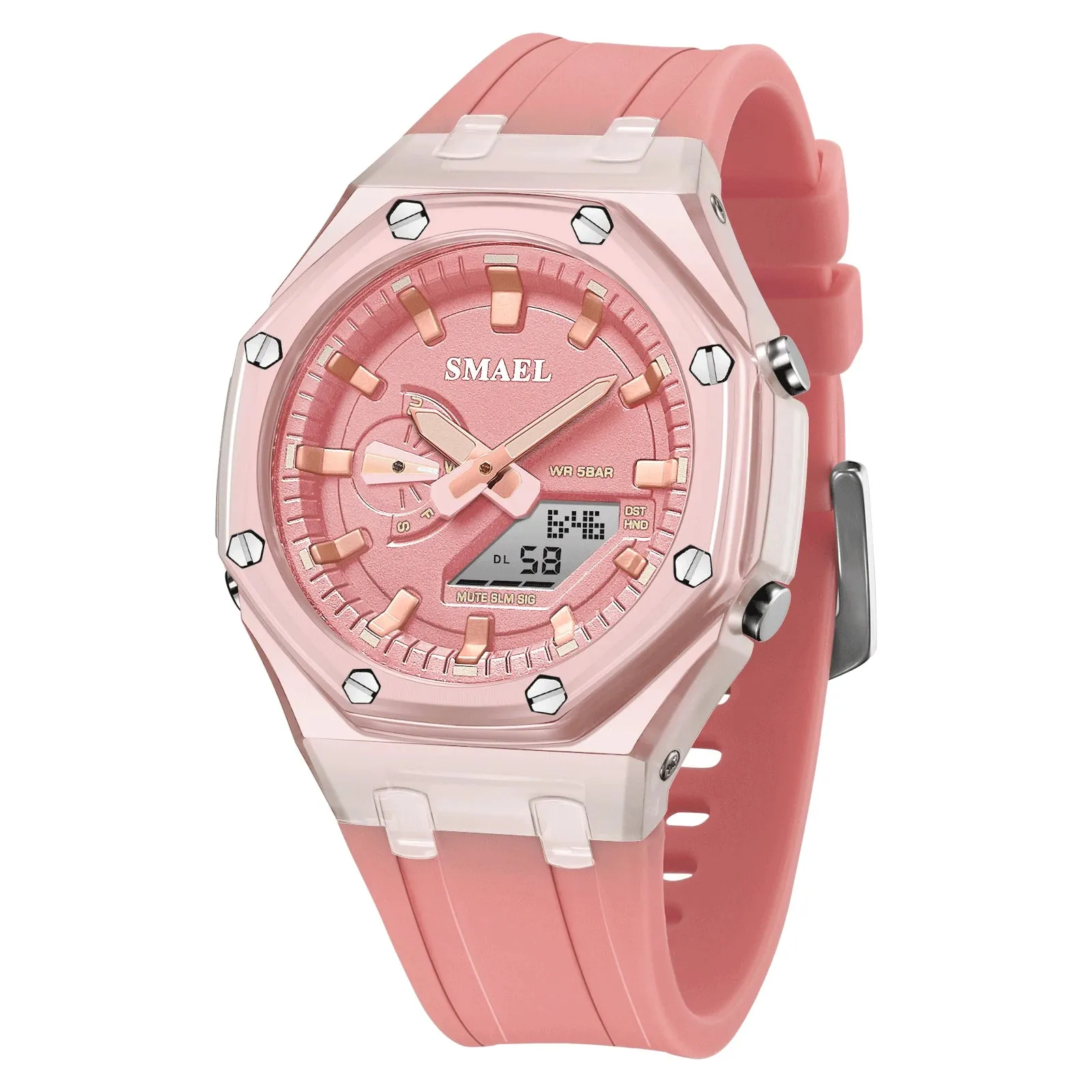 New Women Watch Pink 50M Waterproof Wristwatches Lady Watches Dual Time 8088 Digital Watches LED Light Clock for Girls Gifts