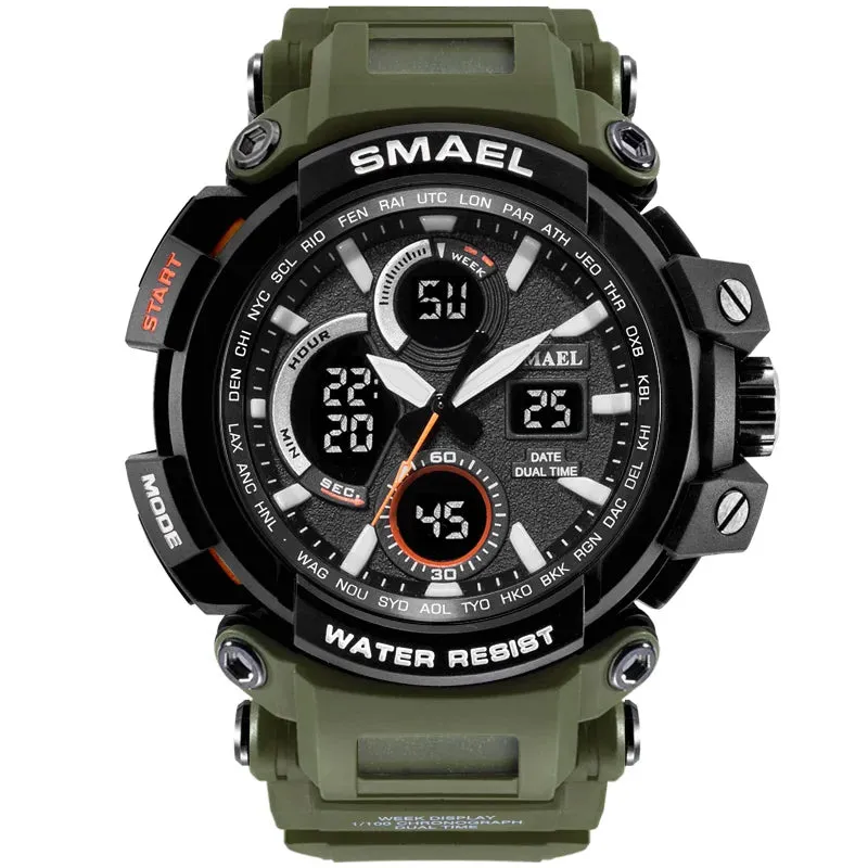 SMAEL Sport Watch for Men New Dual Time Display Male Clock Waterproof Shock Resistant Wristwatch Digital 1708 Military Watch Men