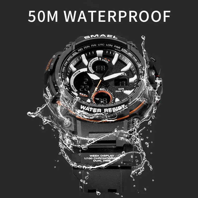 SMAEL Sport Watch for Men New Dual Time Display Male Clock Waterproof Shock Resistant Wristwatch Digital 1708 Military Watch Men